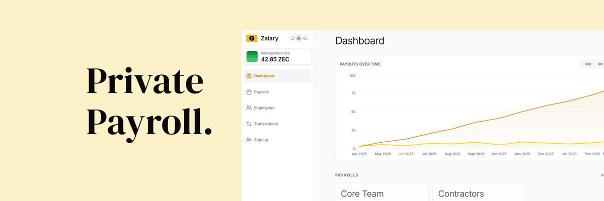 A product advertisement for a "Private Payroll" service named "Zalary," featuring a line graph showing payouts over time from April 2025 to February 2026 and navigation tabs for Dashboard, Payrolls, Employees, Transactions, and Sign up.