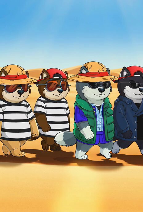 The image features a group of cartoon dogs wearing sunglasses, hats, and vests walking down a sandy beach. The dogs appear to be enjoying their time together as they stroll along the shoreline.