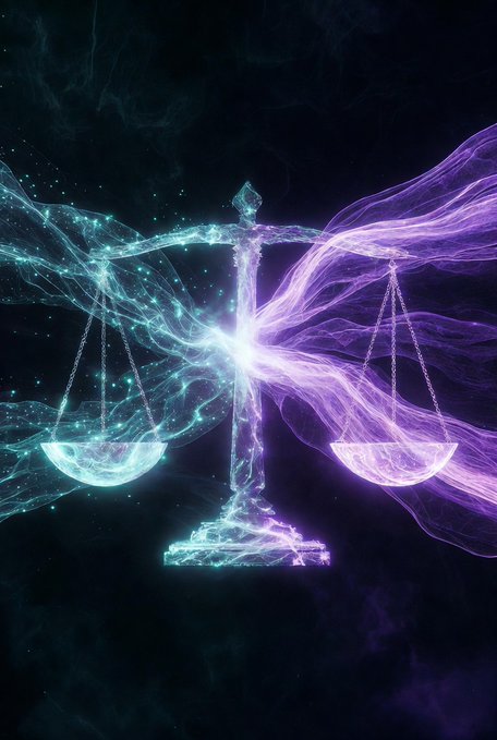A glowing digital artwork of balanced scales of justice, with the left side rendered in teal cosmic energy and the right side in purple flowing energy against a dark, starry background.