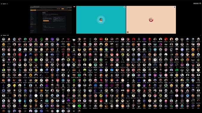 A screenshot of a virtual Builder Hub session showing video tiles with participants and a code editor displaying "new function called from external" against a grid of attendee avatars, complementing a Rialo discussion on Latch, Machine Bound Identity, and protocol-layer security for AI agents.