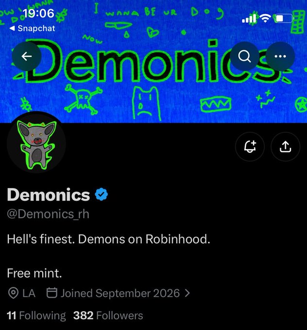 A Twitter profile for 'Demonics' (@Demonics_rh) with the bio 'Hell's finest. Demons on Robinhood. Free mint.', based in LA and joined in September 2026.