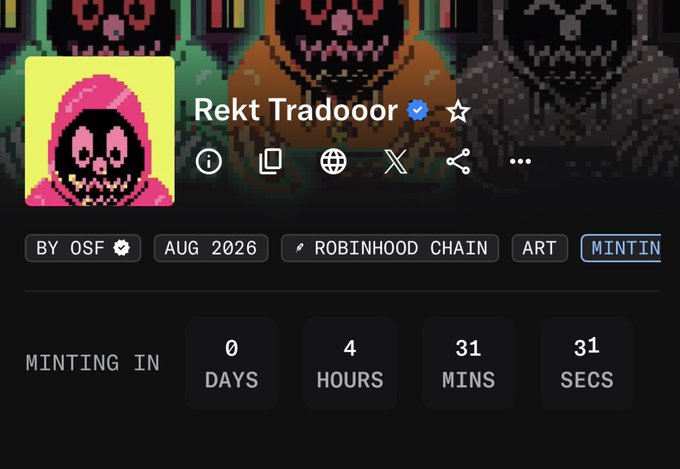 The image shows the countdown page for the "Rekt Tradooor" NFT mint by OSF on the Robinhood Chain, with the mint beginning in 0 days, 4 hours, 31 minutes, and 31 seconds. This aligns with the post's mention of tracking this upcoming Rektguy collection, displaying the key details including the minting start time the user is preparing for.
