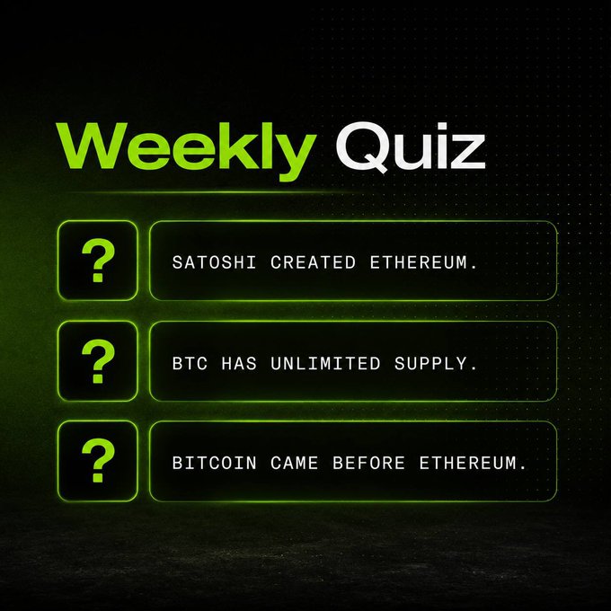 A "Weekly Quiz" graphic featuring three crypto-related true/false statements—"SATOSHI CREATED ETHEREUM," "BTC HAS UNLIMITED SUPPLY," and "BITCOIN CAME BEFORE ETHEREUM"—each marked with a question mark for participants to answer, promoting a Weekend Quiz giveaway offering a share of $300 USDT for correct predictions.