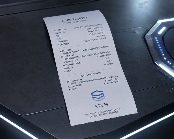 An AIVM receipt for a verified inference job, listing details including model 'alpha-trade-v2', input/output hashes, inference cost of 0.00236 AIVM, and settlement details on the AIVM Mainnet with the tagline 'THE TRUST & SETTLEMENT LAYER FOR THE AGENTIC ECONOMY'.