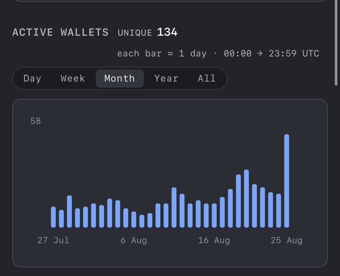A dashboard widget showing 'ACTIVE WALLO UNIQUE 134' as a bar chart of daily active wallets from late July through late August, currently on the 'Month' view.