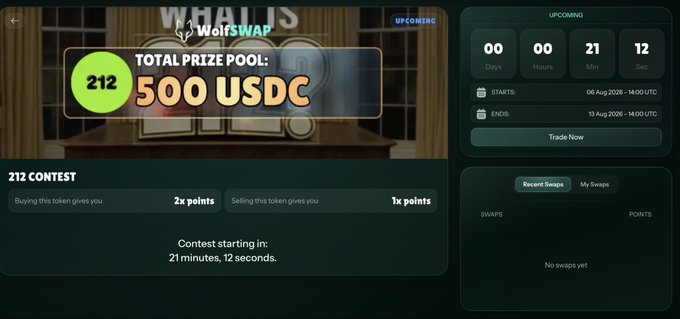 The image shows a Wolfswap contest page titled "212 CONTEST" with a prize pool of "500 USDC" and a countdown timer indicating the contest starts in 21 minutes and 12 seconds, beginning on 06 Aug 2026 at 14:00 UTC. The caption cleverly points out that the "212" in the contest name, the "500 USDC" prize pool, and the "21" minutes and "12" seconds countdown all reference the date 21/2 (February 21st), hinting at a reveal tied to that date.
