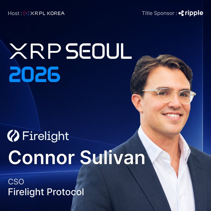 A promotional graphic for XRP Seoul 2026 features a photo of Connor Sullivan, CSO of Firelight Protocol, sponsored by Ripple.