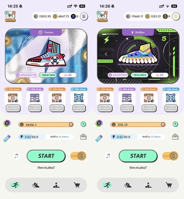 Two side-by-side mobile app screens display a 'Sneaker' and 'StepNEE' sneaker NFT or game interface, showing status 'Lv 30', progress bars, and 'START' buttons.