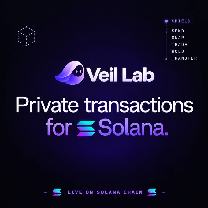 Promotional graphic for Veil Lab featuring the text 'Private transactions for Solana' and 'LIVE ON SOLANA CHAIN', with a list of features including SHIELD, SEND, SWAP, TRADE, HOLD, and TRANSFER.