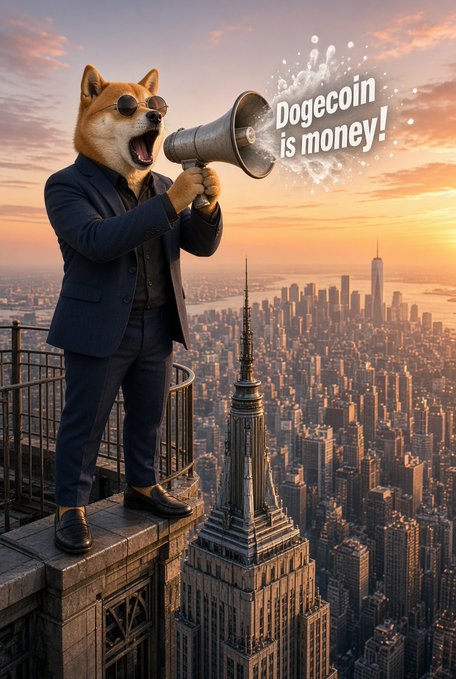 An anthropomorphic Shiba Inu dog wearing a business suit and round sunglasses stands on a rooftop ledge shouting into a megaphone, with 'Dogecoin is money!' displayed in a speech bubble above a city skyline.