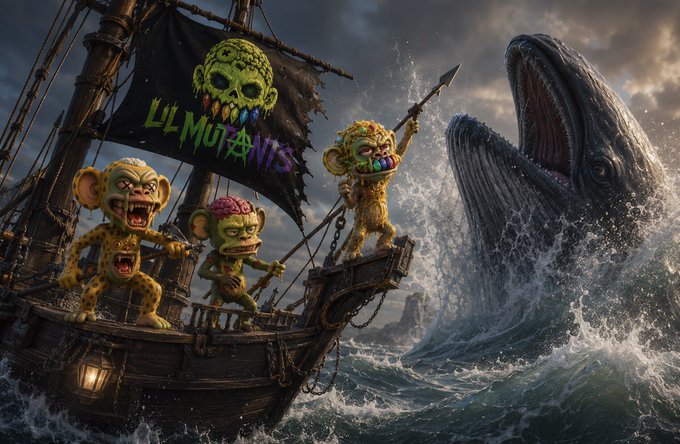 A digital artwork depicts a pirate ship with monstrous, yellow, leopard-like creatures on deck facing off against a massive whale emerging from stormy seas; a black sail bears the text "LIL MUTANTS".