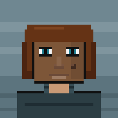 A pixel art portrait of a character with brown hair, blue eyes, and a beauty mark on their cheek.