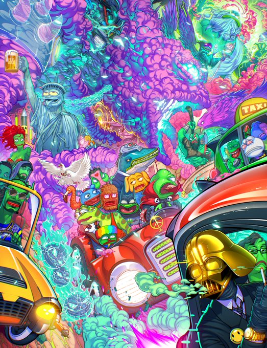 A psychedelic, graffiti-style NFT artwork features a chaotic scene of cartoon characters—including Pepe the Frog variations, an owl, the Statue of Liberty, and a golden "TRUMP-like" figure—riding through a swirling, colorful dreamscape with a yellow taxi in the foreground. The accompanying post announces an imminent WL (whitelist) mint for a collection on OpenSea, tying into the vibrant, meme-culture aesthetic of the Pepe-themed artwork shown.
