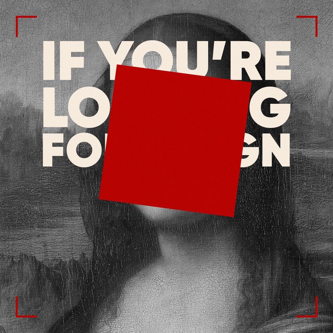 A black-and-white textured poster with the text 'IF YOU'RE LOOKING FOR' partially obscured by a red square, featuring a shadowy figure and red corner brackets.