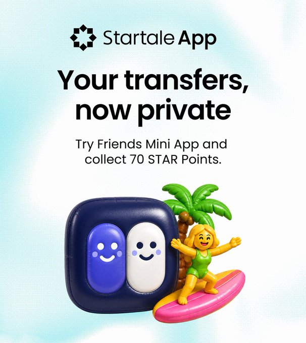 A promotional graphic for the Startale App's "Friends Mini App" featuring the tagline "Your transfers, now private," with playful 3D-rendered characters—one resembling a dark blue wallet with smiling faces—alongside a cheerful figure surfing on a pink surfboard next to a palm tree, promoting the collection of 70 STAR Points through the Privacy Boost-powered privacy-focused smart wallet experience.