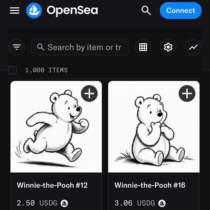 A screenshot of the OpenSea NFT marketplace displaying the Winnie-the-Pooh collection, showing items #12 and #16 priced at 2.50 USDG and 3.06 USDG respectively, related to a free airdrop guide for unhidden Pooh NFTs on users' profiles.