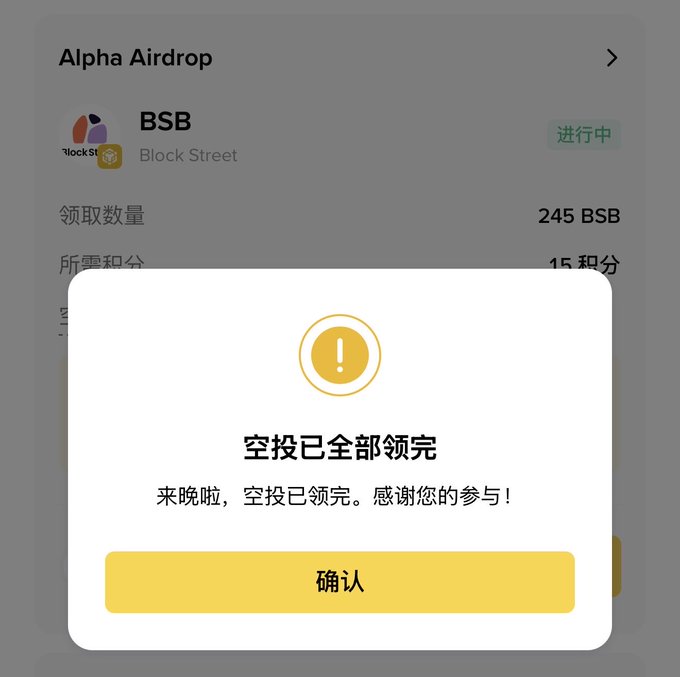 A notification dialog appears over a Binance Alpha Airdrop page for BSB (Block Street), displaying the message "空投已全部领完" (Airdrop fully claimed) with a "确认" (Confirm) button. The image illustrates the user's frustration of missing out, as the popup confirms the airdrop has already been claimed before they could redeem the 245 BSB requiring 15 points.