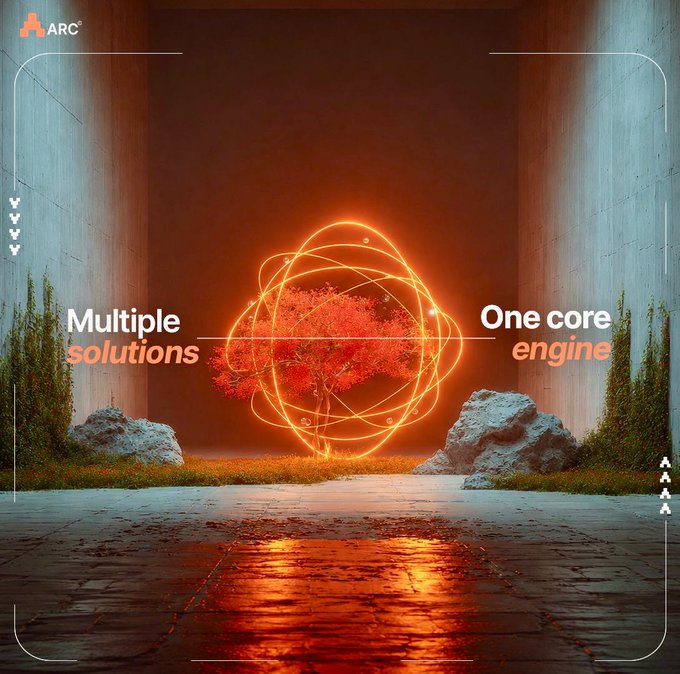 The image shows a large tree with orange lights radiating from its center, surrounded by rocks and a concrete wall. The text above the tree reads "Multiple solutions One core engine", indicating that there are multiple options available for the user's needs. Below the tree is another text that says "Just noticed an update about @TheARC  Personal, Enterprise, and Sovereign stack". This suggests that the image might be related to a discussion or decision-making process involving the use of the One Core Engine solution provided by TheARC company.
