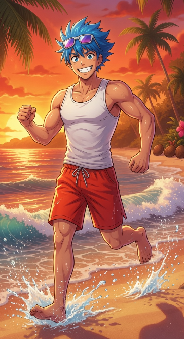 A muscular anime-style character with blue hair and sunglasses runs energetically along a sunset beach, evoking a sense of momentum and vitality.

The image metaphorically captures the energy and forward motion suggested by the post's praise of TermMaxFi's pragmatic, tool-focused approach—running steadily toward goals without being distracted by flashy "APY" temptations, much like the character splashing through the waves with determined focus.
