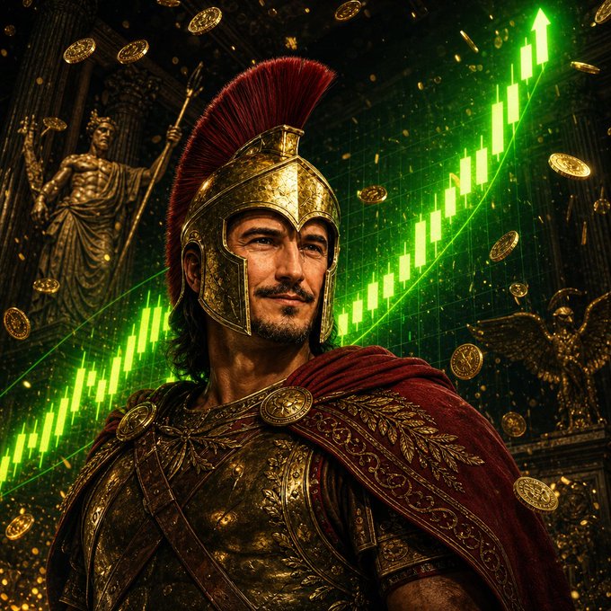 A digitally created warrior in Roman-style armor and a plumed helmet stands before a backdrop of green candlestick chart bars and falling gold coins.