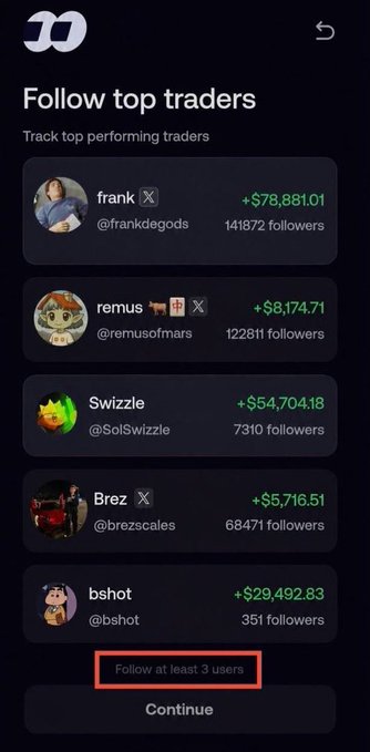 A mobile app screen titled 'Follow top traders' with a list of users including frank (@frankdegods, +$78,881.01, 141872 followers), remus (@remusofmars, +$8,174.71, 122811 followers), Swizzle (@SolSwizzle, +$54,704.18, 7310 followers), Brez (@brezscales, +$5,716.51, 68471 followers), and bshot (@bshot, +$29,492.83, 351 followers), with a prompt to 'Follow at least 3 users' and a 'Continue' button.