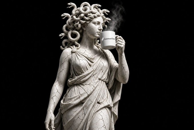 A classical stone statue of Medusa, featuring snakes for hair, holding a steaming white mug with a logo on it against a stark black background.