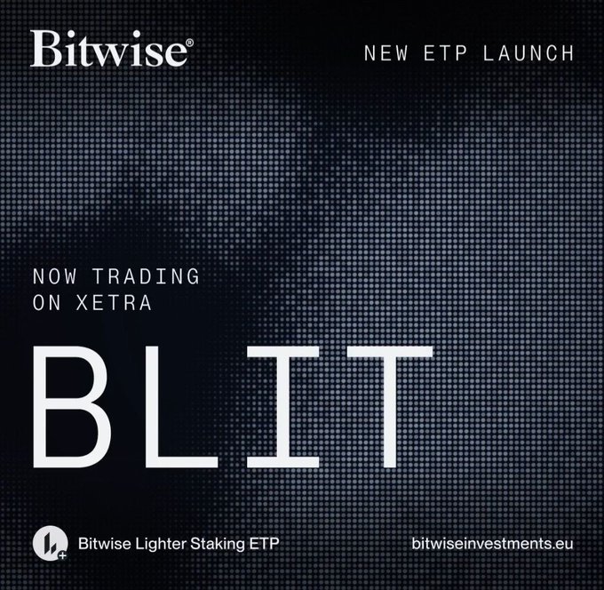 A promotional image announcing a "NEW ETP LAUNCH" by Bitwise, highlighting the ticker "BLIT" for the "Bitwise Lighter Staking ETP" now trading on Xetra.