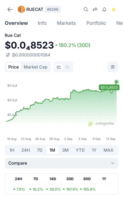 A cryptocurrency price chart for 'RUECAT' shows a value of $0.048523, with a 180.2% increase over 30 days, displayed on a CoinGecko-style interface.