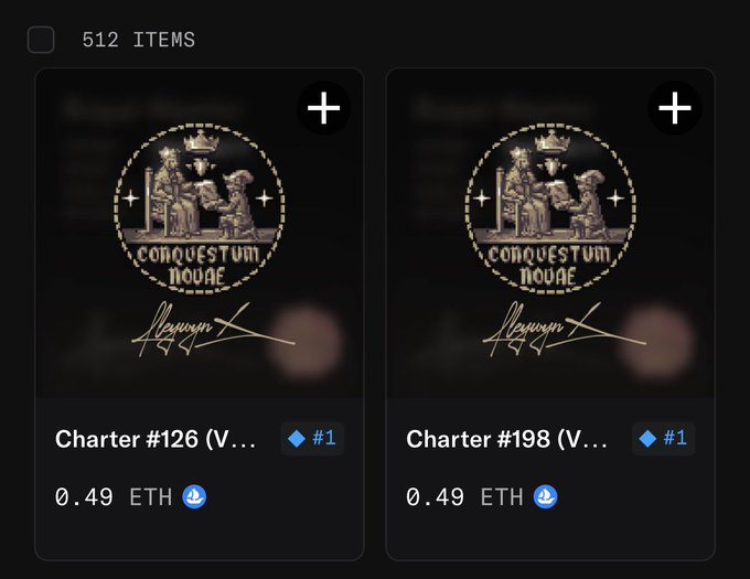 Two Viceroy Charter NFTs (#126 and #198) from the "Conquestum Novae" collection are listed at 0.49 ETH each, fitting the post's reference to the 512 limited-edition charters expected to play a significant role in Cambria Genesis.