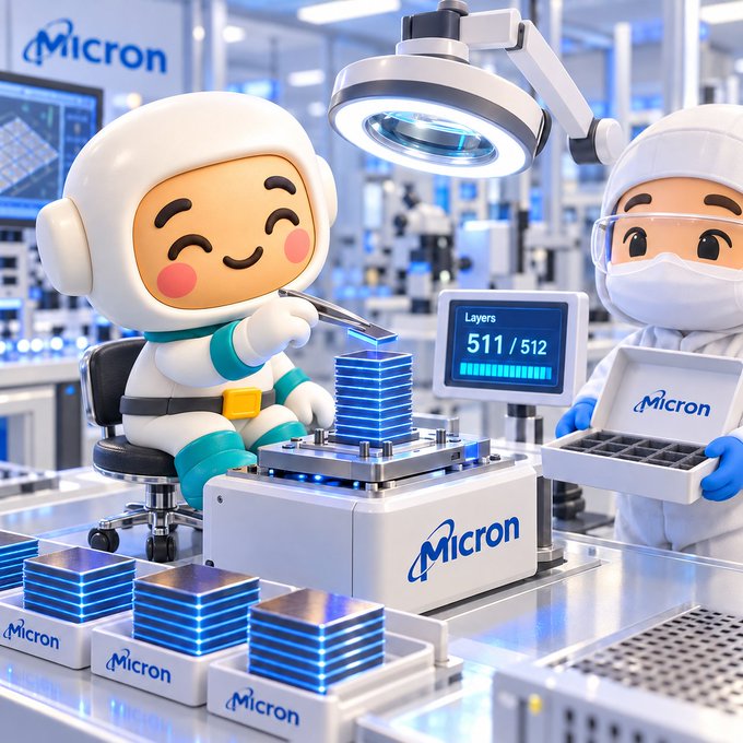 A stylized illustration of cartoon mascot workers in cleanroom suits at a Micron semiconductor manufacturing facility, stacking blue chip layers and inspecting equipment showing 'Layers 511/512'.