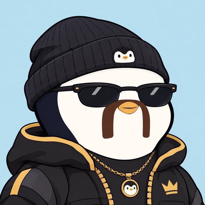 Cartoon penguin character wearing a black beanie with a small logo, sunglasses, a brown mustache, a gold chain with a penguin pendant, and a black hoodie against a light blue background.