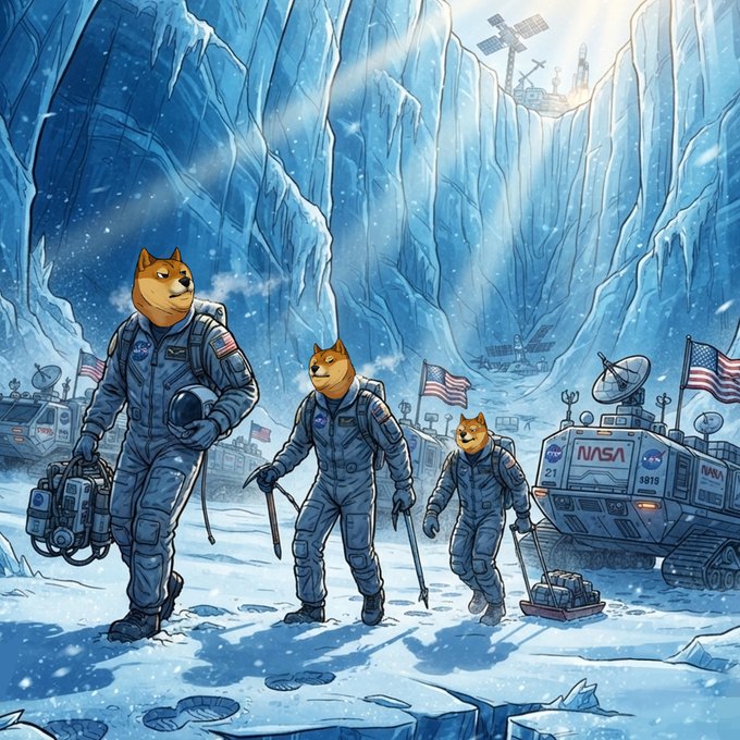 An anime-style illustration depicts three Shiba Inu dogs dressed as NASA astronauts exploring an icy, cratered lunar landscape with rovers and American flags.
