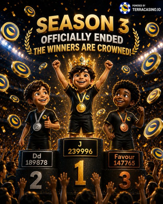 A celebratory cartoon image announces "SEASON 3 OFFICIALLY ENDED — THE WINNERS ARE CROWNED!" powered by Terracasino.io, featuring three animated characters on a victory podium with the winners listed as J (239,996 points) in 1st place, Dd (189,878) in 2nd, and Favour (147,765) in 3rd, all wearing medals amid falling casino chips. The image ties to $LUNC by marking the conclusion of a TerraCasino community competition where players earned rewards likely funded by the token's ecosystem.