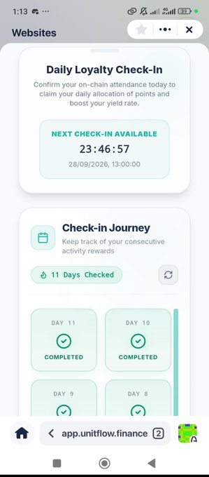 A mobile screenshot of the UnitFlow finance website showing a 'Daily Loyalty Check-In' section with a countdown timer of 23:46:57 until the next check-in, and a 'Check-in Journey' showing 11 days checked with completed badges for days 8-11.