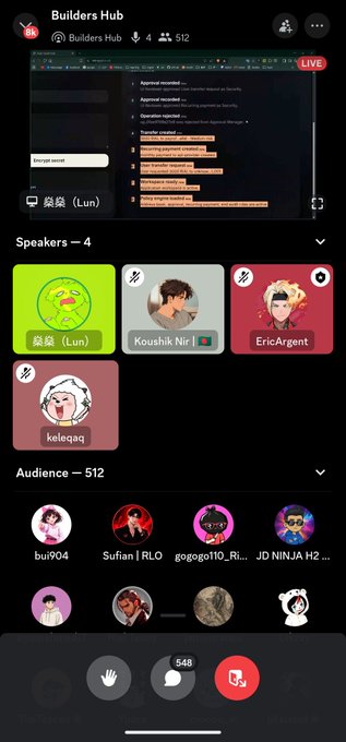 Telegram voice chat in 'Builders Hub' showing an X Spaces LIVE interface with 4 speakers (including 磊磊 (Lun), Koushik Nir, EricArgent, kelegaq) and 512 audience members.