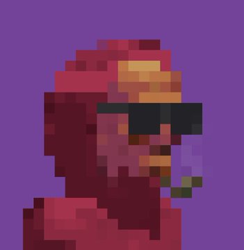The image shows a pixel-art style character with a red hood, dark sunglasses, and a cigar, set against a purple background—likely representing the NFT avatar of "@lphaCentauriKid," the "generational artist" whose PFP project the poster is enthusiastically endorsing.