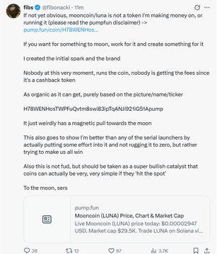 A tweet by fibs (@fbonacki) explains he created the "moon" token (HTBWENHoSTWPFuQvtMbswiR3SpfqANj9ZItG5IApump) not as a token to make money but as a creative concept, noting a magnetic pull toward the moon. The accompanying tweet promotes $LUNA with a 150K price tag and highlights a trading profit from $807 to $3567, using the same pump.fun meme coin context to shill a wallet-tracking tool (GMGN) for sniping entries, contrasting the creative intent of the moon token with profit-driven meme coin speculation.