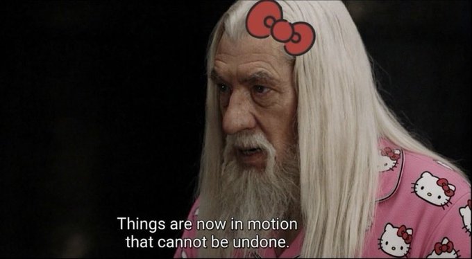 Gandalf from Lord of the Rings is humorously edited to wear a pink Hello Kitty robe and a Hello Kitty hair bow, with the caption 'Things are now in motion that cannot be undone.'