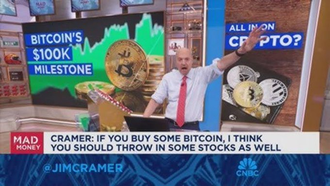 Jim Cramer gestures emphatically on CNBC's "Mad Money" set during a segment headlined "BITCOIN'S $100K MILESTONE" and "ALL IN ON CRYPTO?", with the chyron reading "CRAMER: IF YOU BUY SOME BITCOIN, I THINK YOU SHOULD THROW IN SOME STOCKS AS WELL," illustrating his advice to pair Bitcoin investments with stocks.