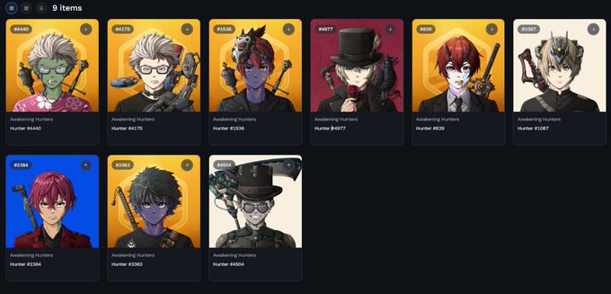 A dark interface displays a collection of 9 'Awakening Hunters' NFT character cards with various IDs such as #4440, #4175, and #1536.