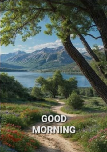 A scenic landscape of a blue lake surrounded by mountains and trees, viewed through pine branches in the foreground, with 'GOOD MORNING' text at the bottom.