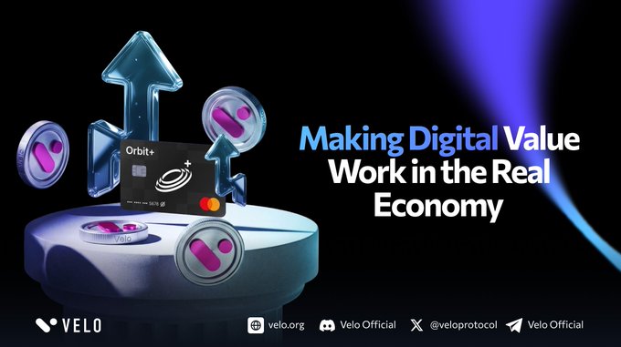 A promotional graphic featuring the "Velo × Orbit+" Zebec Card displayed on a futuristic platform alongside floating digital value icons (Polkadot and Coin98 tokens), with the headline "Making Digital Value Work in the Real Economy" — visually reinforcing the post's message about bridging digital assets with real-world payments and financial activity.