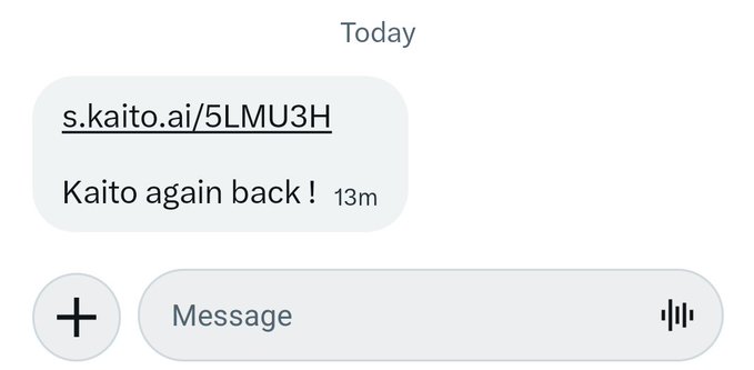 A messaging app screenshot from today containing a link to s.kaito.ai/5LMU3H and a follow-up message saying 'Kaito again back!' sent 13 minutes ago.