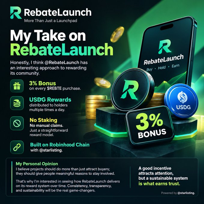 Promotional graphic for “RebateLaunch” with the headline “My Take on RebateLaunch,” highlighting a “3% Bonus” on every $REBTE purchase, “USD Rewards,” “No Staking,” and “Built on Robinhood Chain with @starlisting.”
