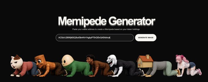 The Memipede Generator website, where users paste a wallet address to create a Memipede based on token holdings, illustrated by a centipede made of various meme characters and figures.