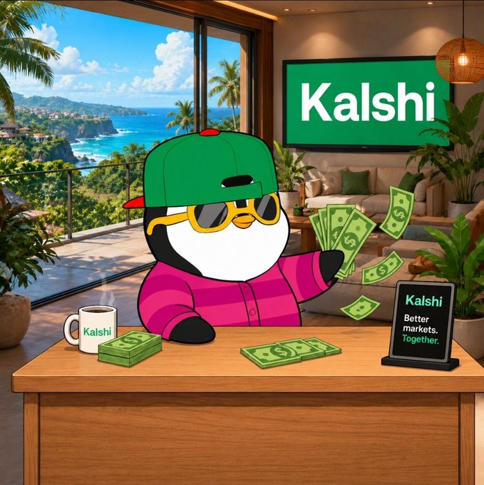A cartoon penguin mascot wearing a green cap, sunglasses, and pink hoodie holding cash, with a 'Kalshi' logo on a TV screen and a sign reading 'Kalshi - Better markets. Together.' on a desk.