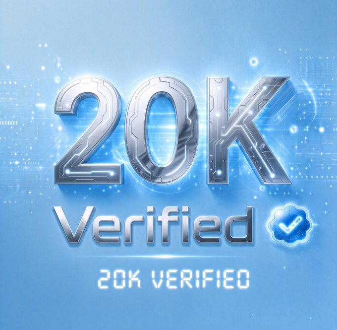 A celebratory blue graphic displays '20K Verified' in metallic silver 3D lettering with a verification checkmark badge and '20K VERIFIED' text below.