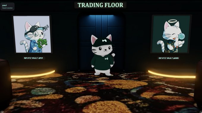 A digital 'TRADING FLOOR' interface features a cartoon cat avatar in the center, flanked by two NFT artworks labeled 'RIPXYZ VAULT #159' and 'RIPXYZ VAULT #205'.
