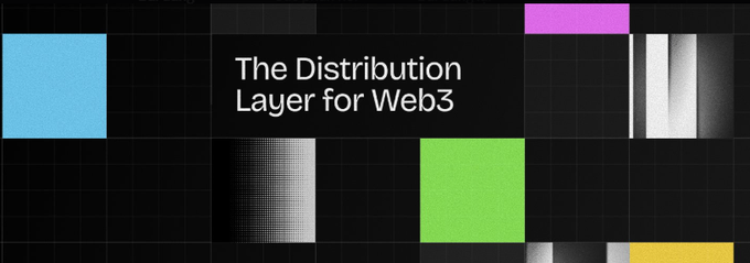A graphic with colored squares and the text 'The Distribution Layer for Web3' on a black grid background.