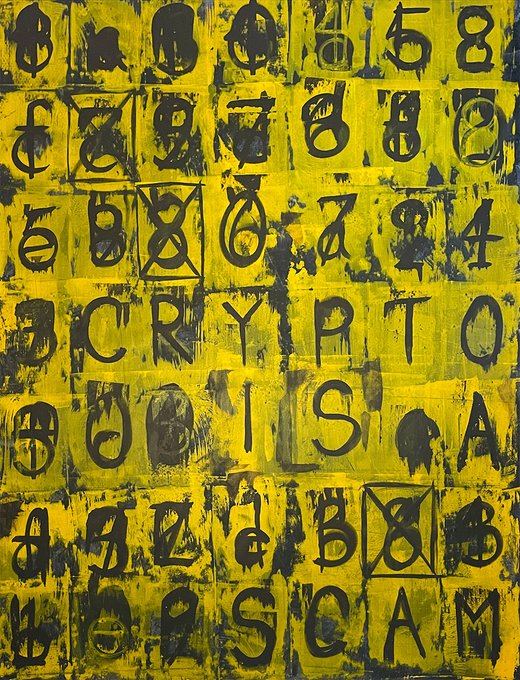 A textured abstract painting with a bright yellow background featuring black stenciled letters and numbers, including the visible text 'CRYPTO' and 'ISA' scattered across the grid.